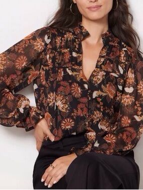 EVEREVE Dark Floral V-Neck Ruffle Cuff Blouse Small Boho Peasant